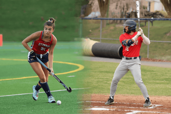 Shenandoah baseball player Gavin Horning at the plate and SU field hockey player Elise Velasquez on the field.